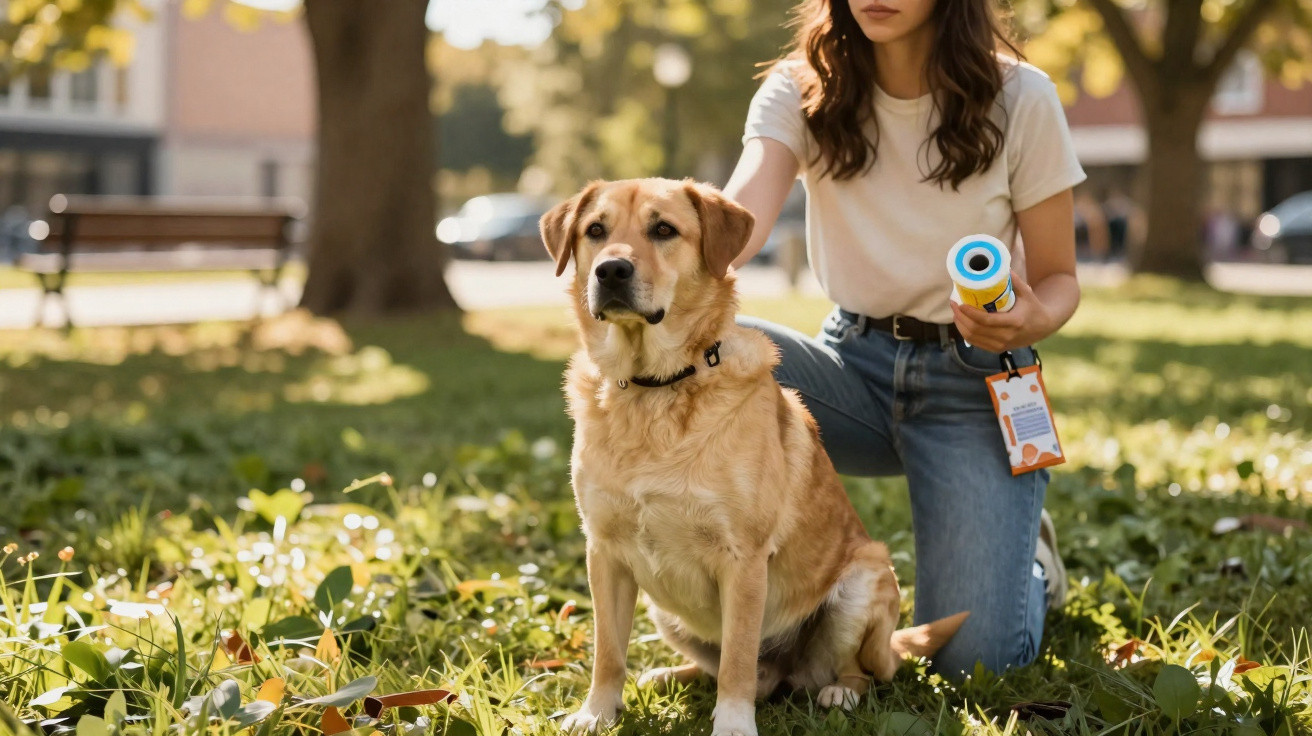 Cão sentado na relva com pessoa atrás a segurá-lo e a segurar um frasco de spray.