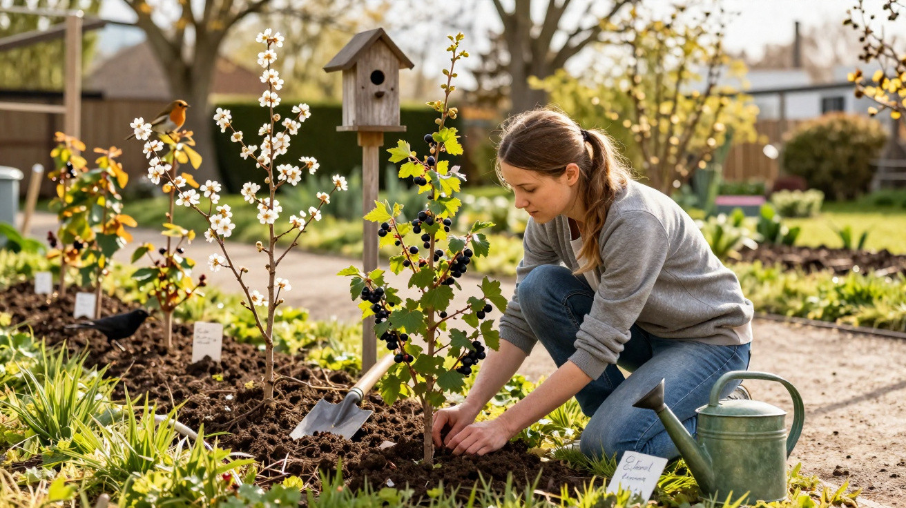 Homem a cuidar de plantas numa horta com regador, enxada e um alimentador de pássaros ao fundo.