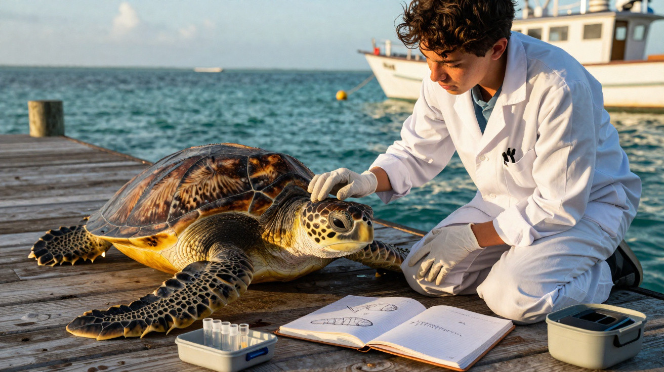 Homem de branco examina uma tartaruga marinha numa doca junto ao mar com equipamentos e livro aberto.