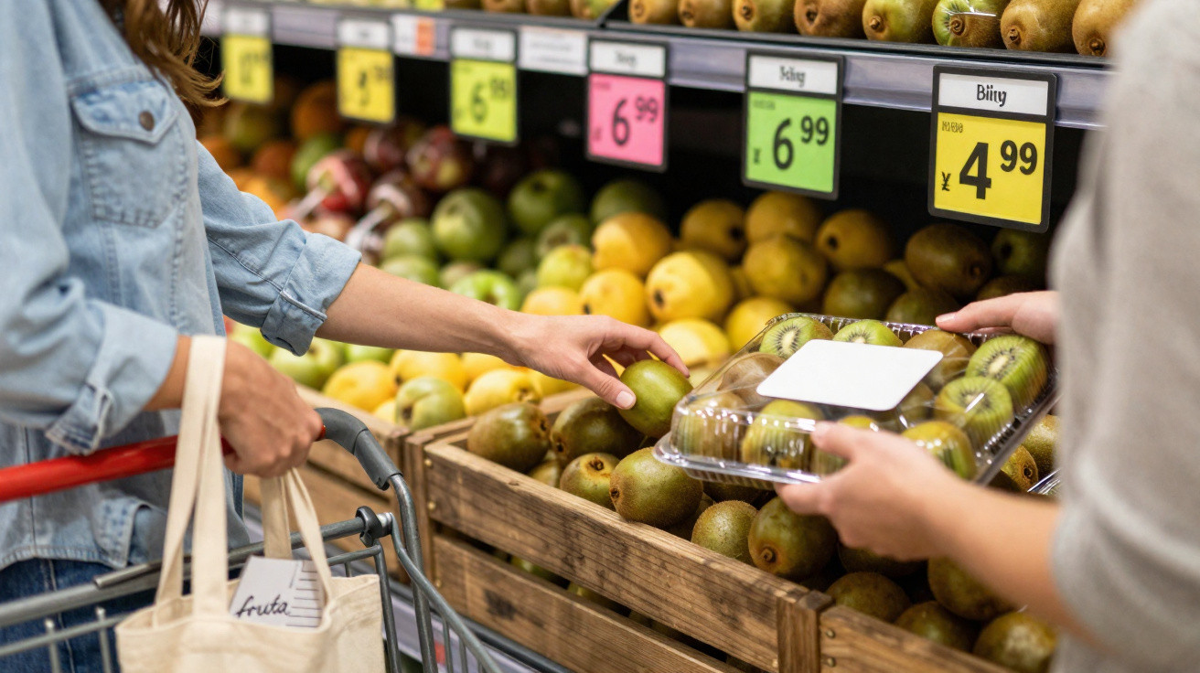 Pessoa a escolher abacates numa banca de frutas num supermercado com etiquetas de preços visíveis.