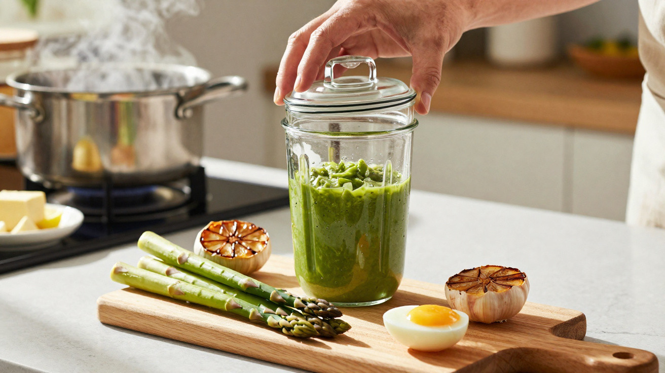Pessoa a preparar molho verde com espargos, ovo cozido, alhos grelhados e manteiga numa cozinha.