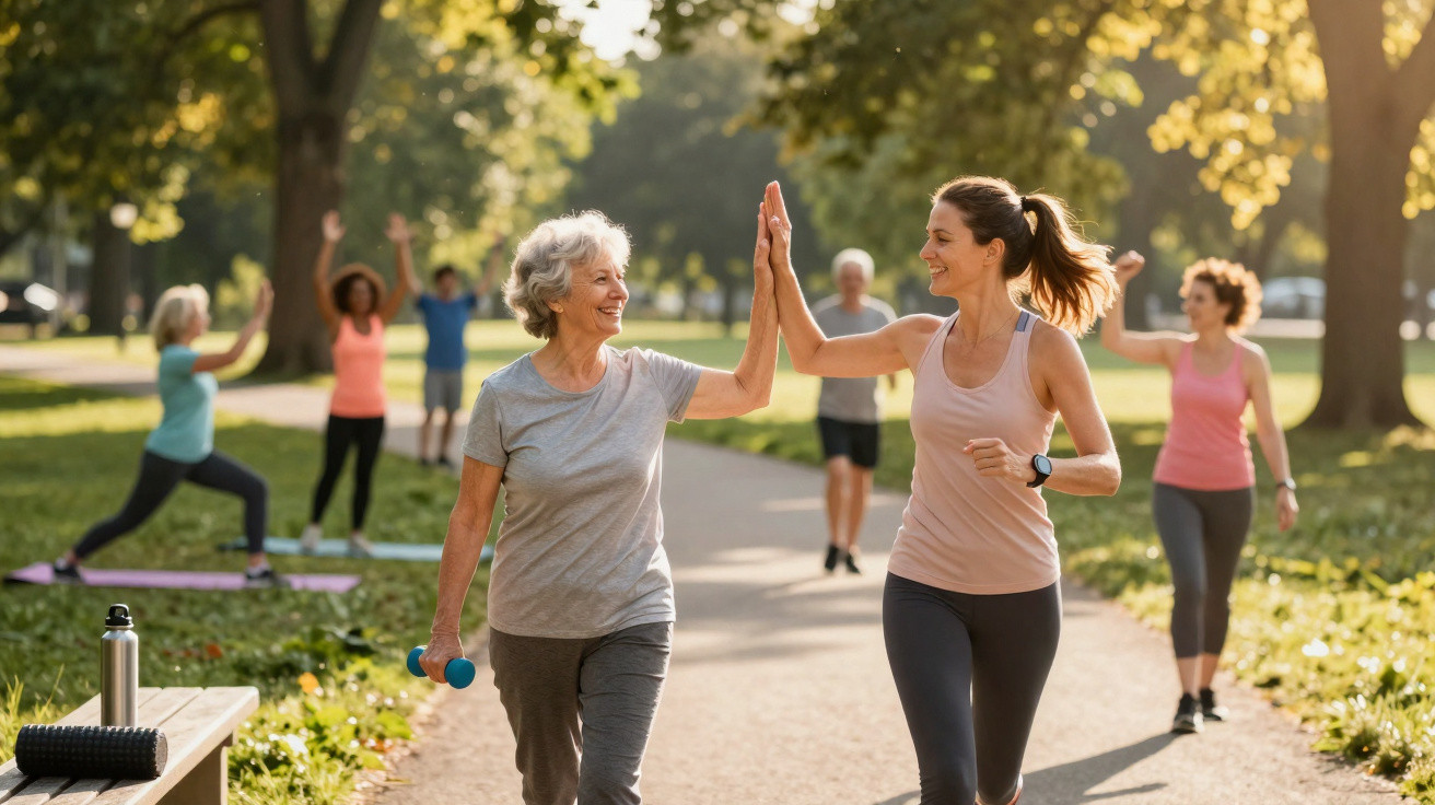 Duas mulheres a dar um high five enquanto correm num parque ensolarado com outras pessoas a exercitarem-se ao fundo.