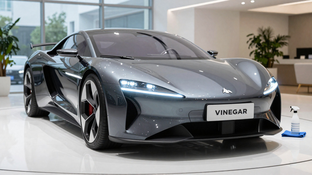 Carro desportivo elétrico cinza escuro em exposição interior com limpeza e produto ao lado.