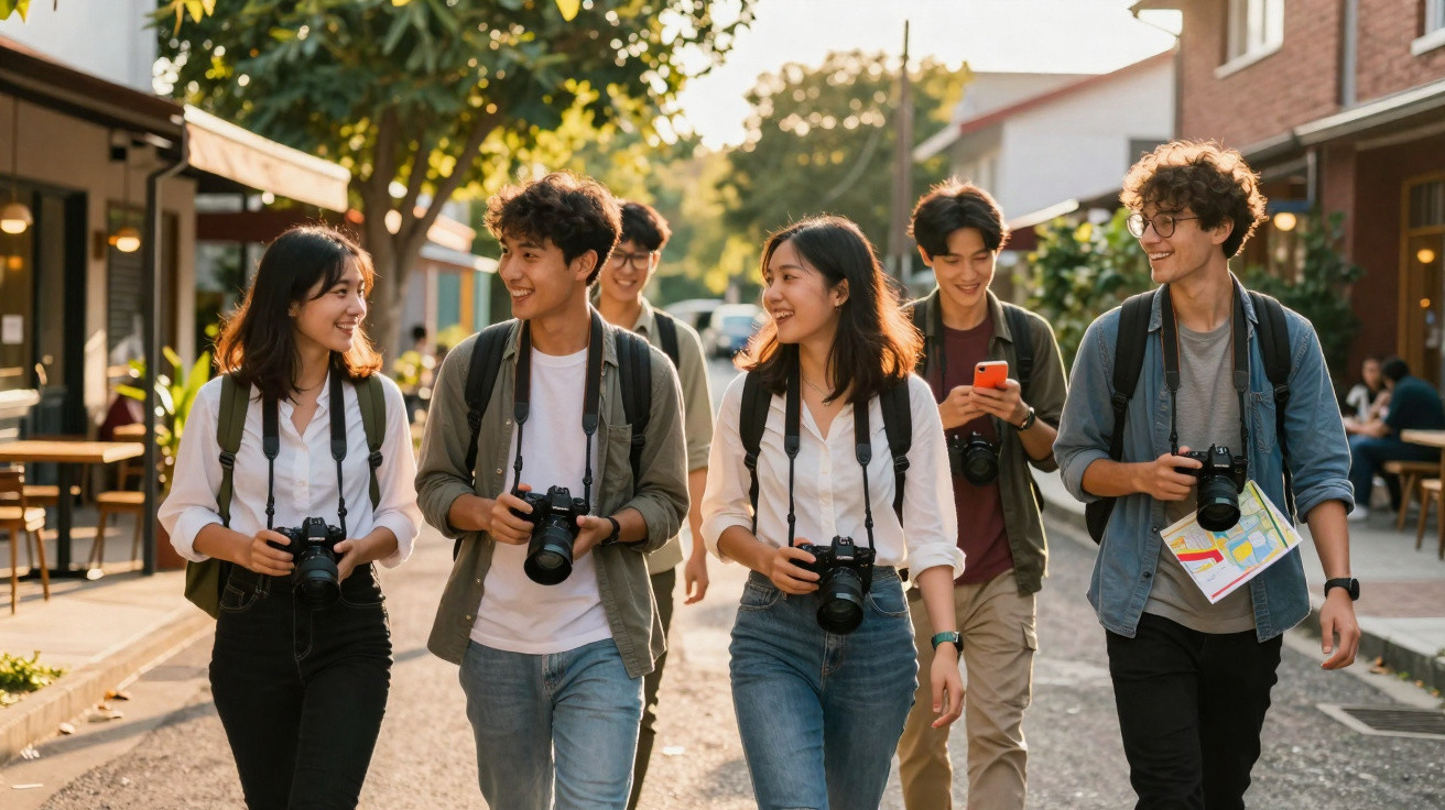 Grupo de jovens com câmaras e telemóveis a caminhar numa rua ao pôr do sol, sorrindo e interagindo.