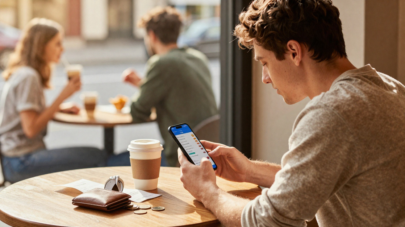 Homem sentado numa mesa de café a olhar para o telemóvel, com café e carteira na mesa, outras duas pessoas ao fundo.