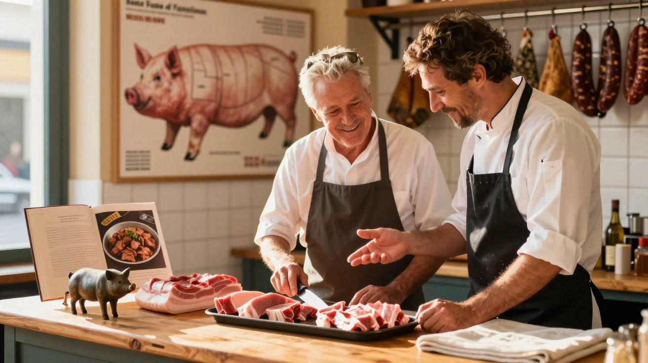 Dois talhantes a cortar e preparar diferentes cortes de carne de porco numa bancada de madeira.