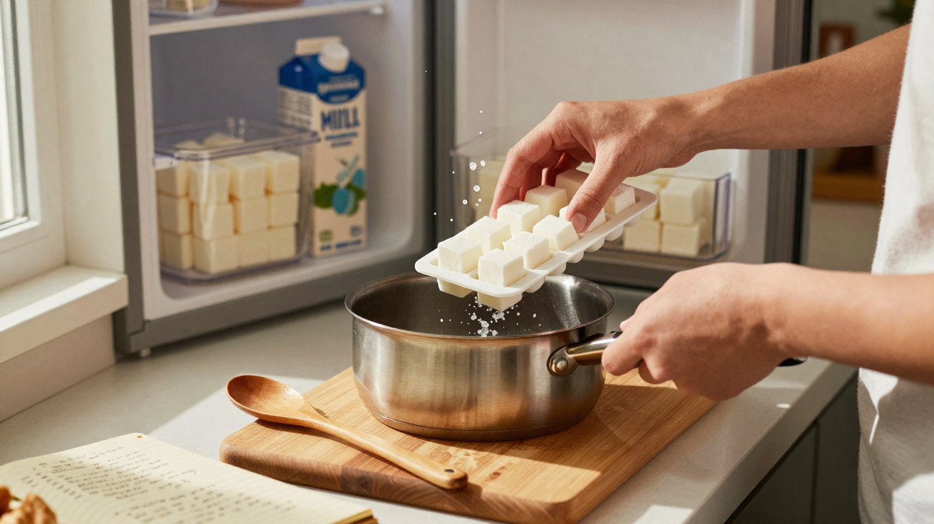 Mãos tiram cubos de gelo do congelador para uma panela inox na cozinha, com caderno de receitas aberto.