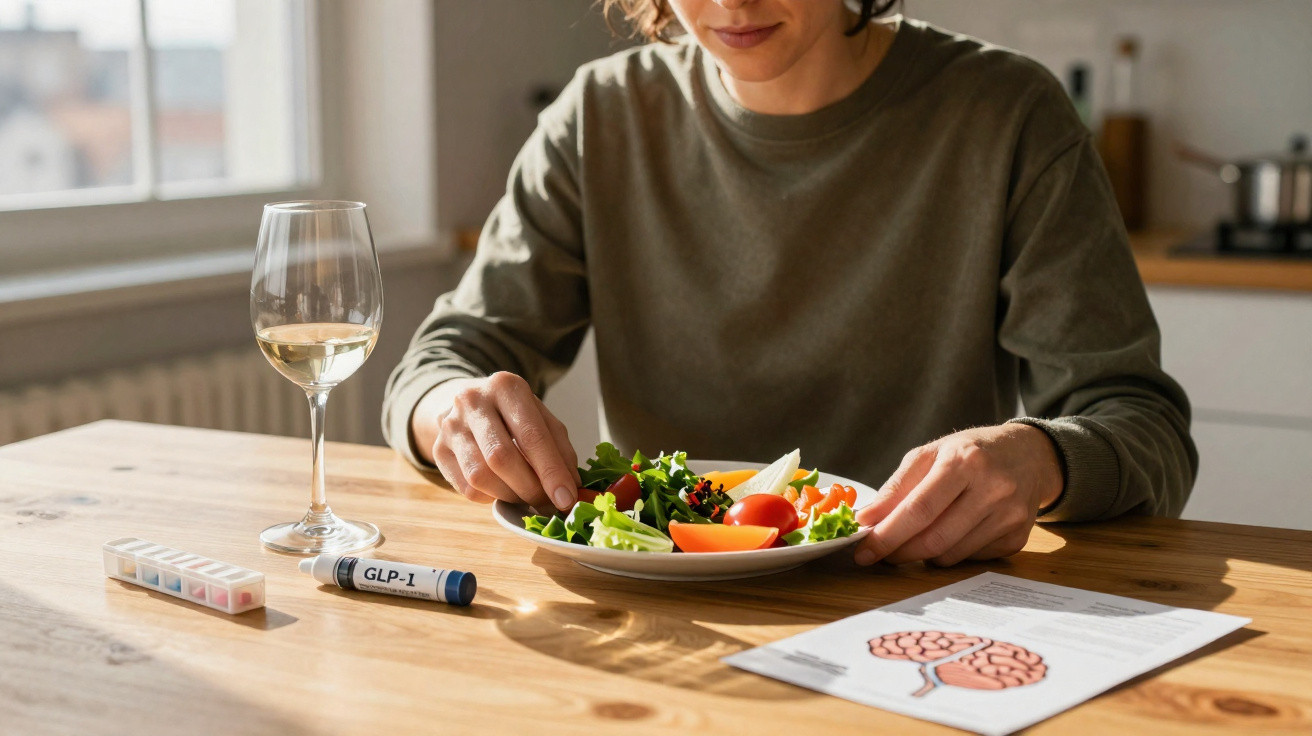Pessoa a segurar salada saudável num prato com medicação e copo de vinho na mesa à frente.