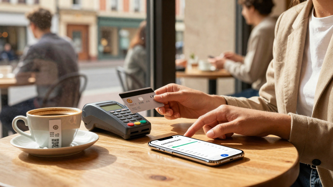 Pessoa a pagar contacto com cartão numa mesa de café com telemóvel e máquina de pagamento.