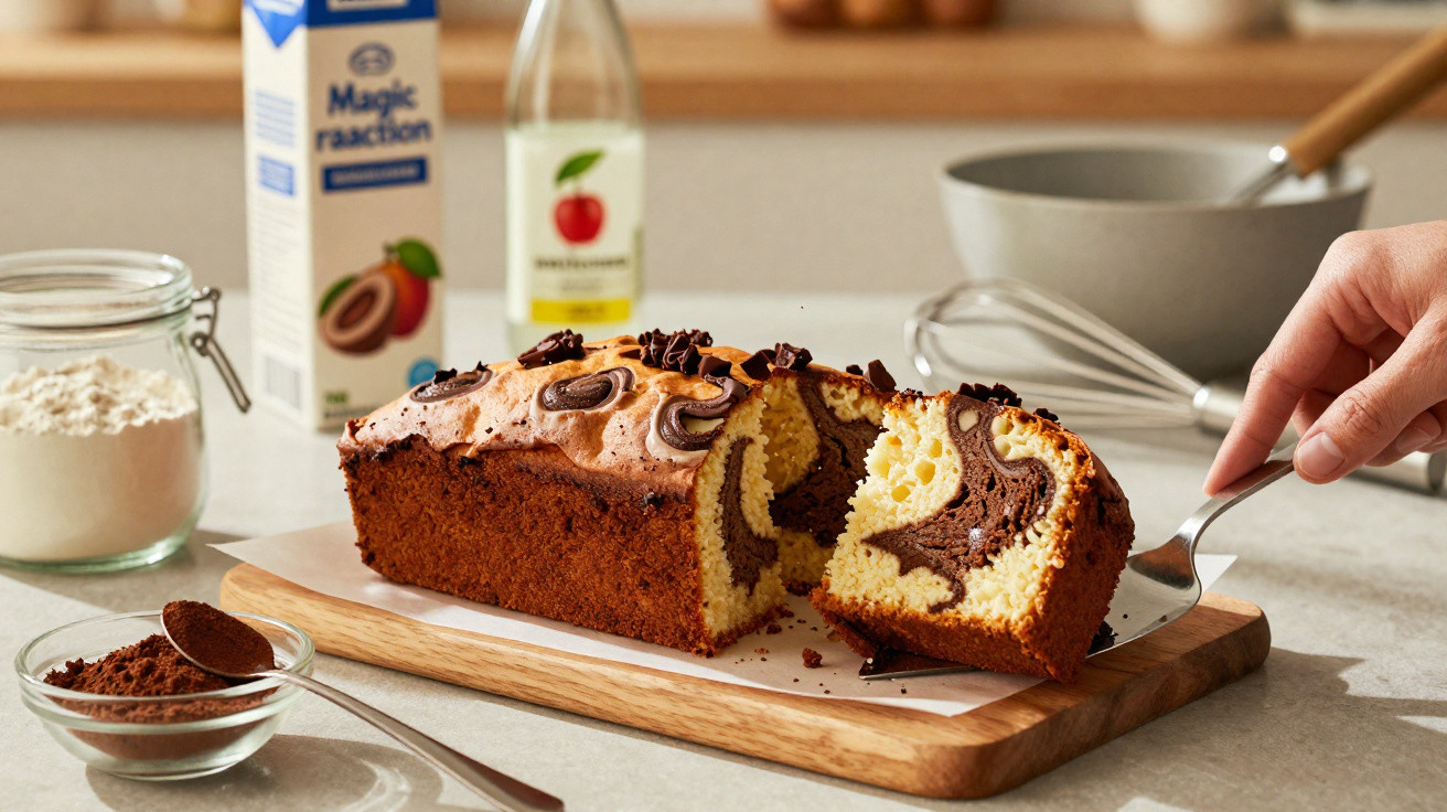 Bolo marmoreado de chocolate e baunilha numa tábua de madeira, com ingredientes e utensílios de cozinha ao fundo.