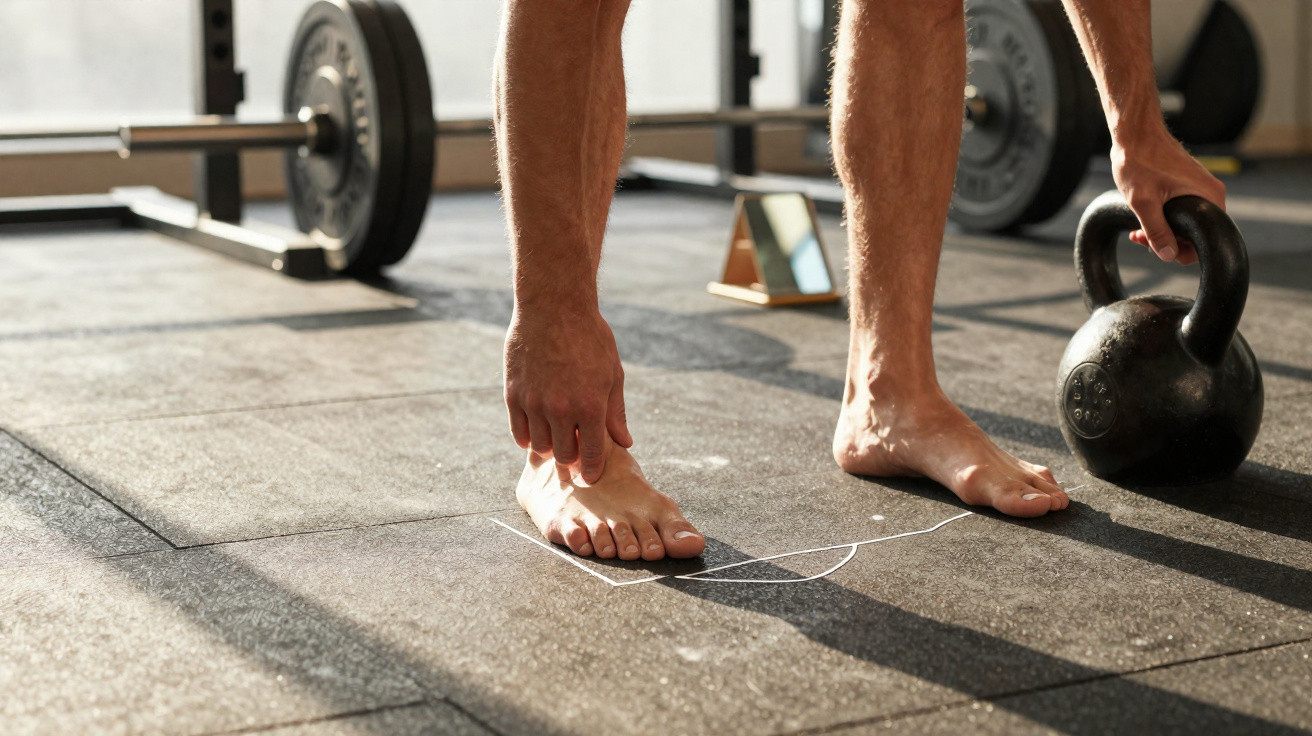 Pessoa segura uma anca kettlebell descalço num ginásio com equipamento ao fundo.