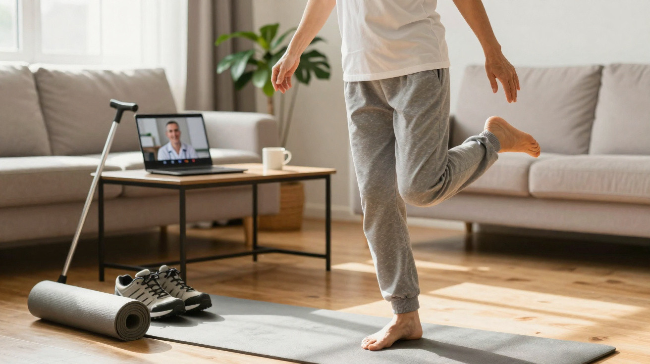 Pessoa com bengala a fazer exercício em casa com aula online num tablet sobre a mesa da sala.
