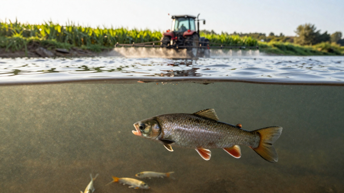 Peixe numa água poluída por spray de um trator agrícola num campo de cultivo ao fundo, visto meio submerso.