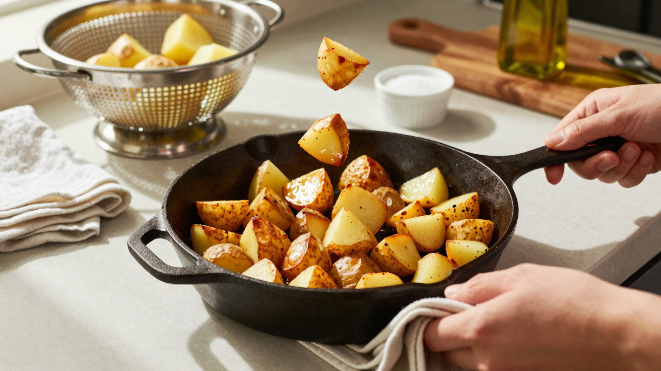 Mãos seguram frigideira com batatas douradas cortadas, ao lado de escorredor com batatas e ingredientes na bancada.