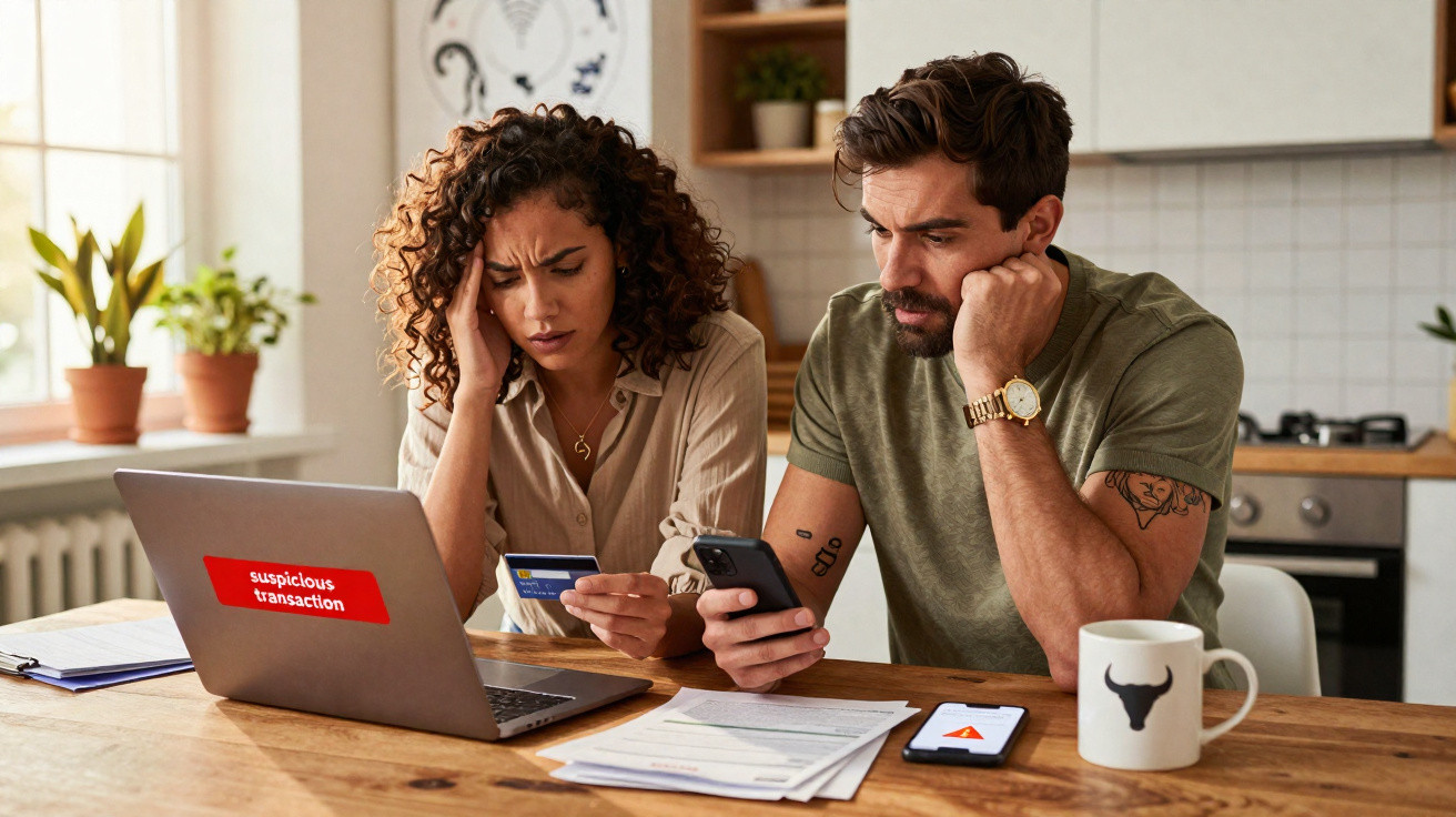 Casal preocupado a verificar finanças no computador, com cartão e telemóvel na cozinha.