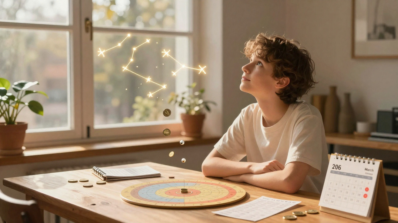 Rapaz sentado à mesa com jogo de tabuleiro astrológico e moedas a flutuar, olhando para constelação luminosa.