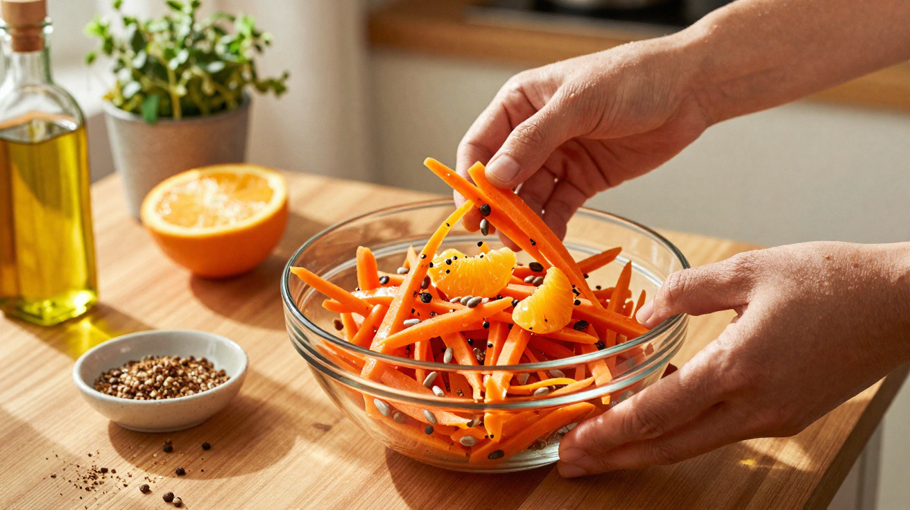 Mãos a preparar salada com tiras de cenoura, sementes e gomos de laranja numa tigela de vidro.