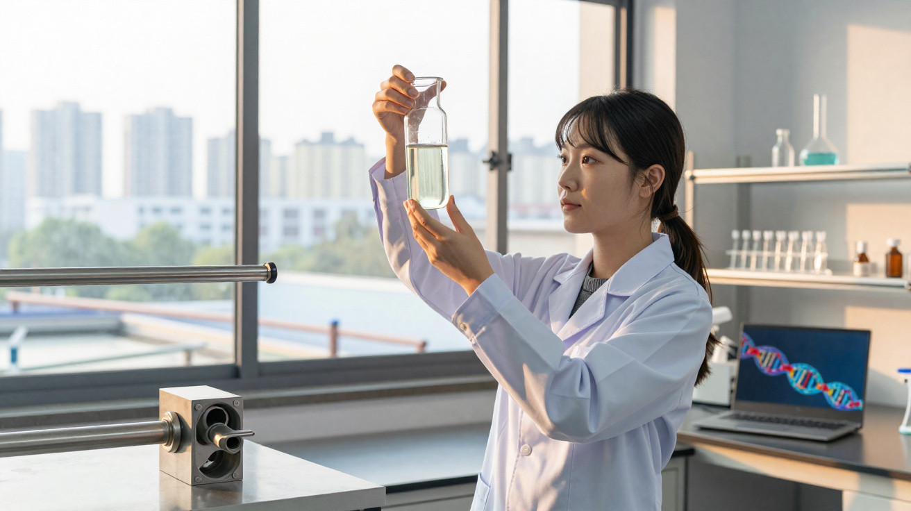 Cientista feminina em bata branca examina um frasco com líquido num laboratório moderno.