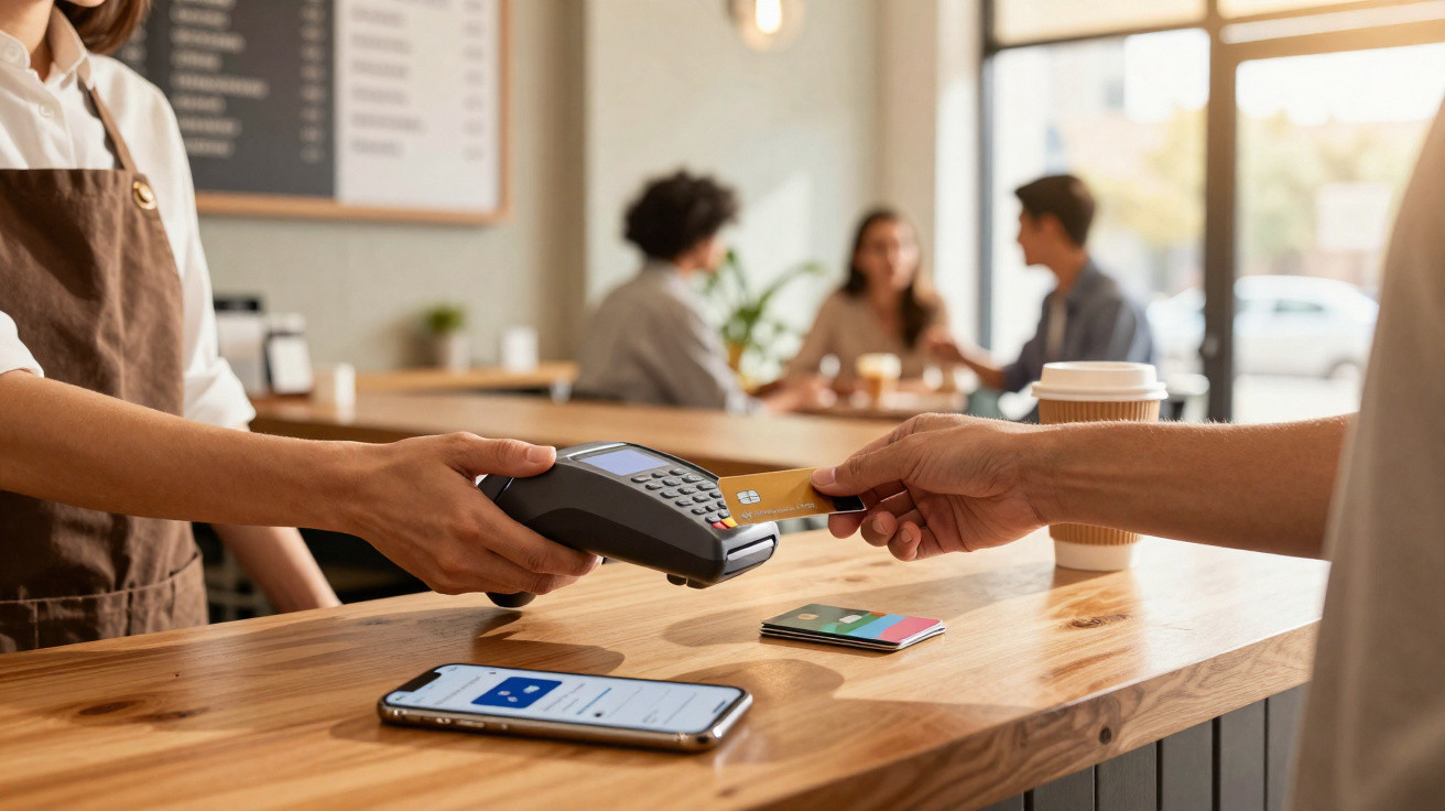 Cliente a pagar com cartão contactless num café, funcionário a segurar terminal de pagamento.