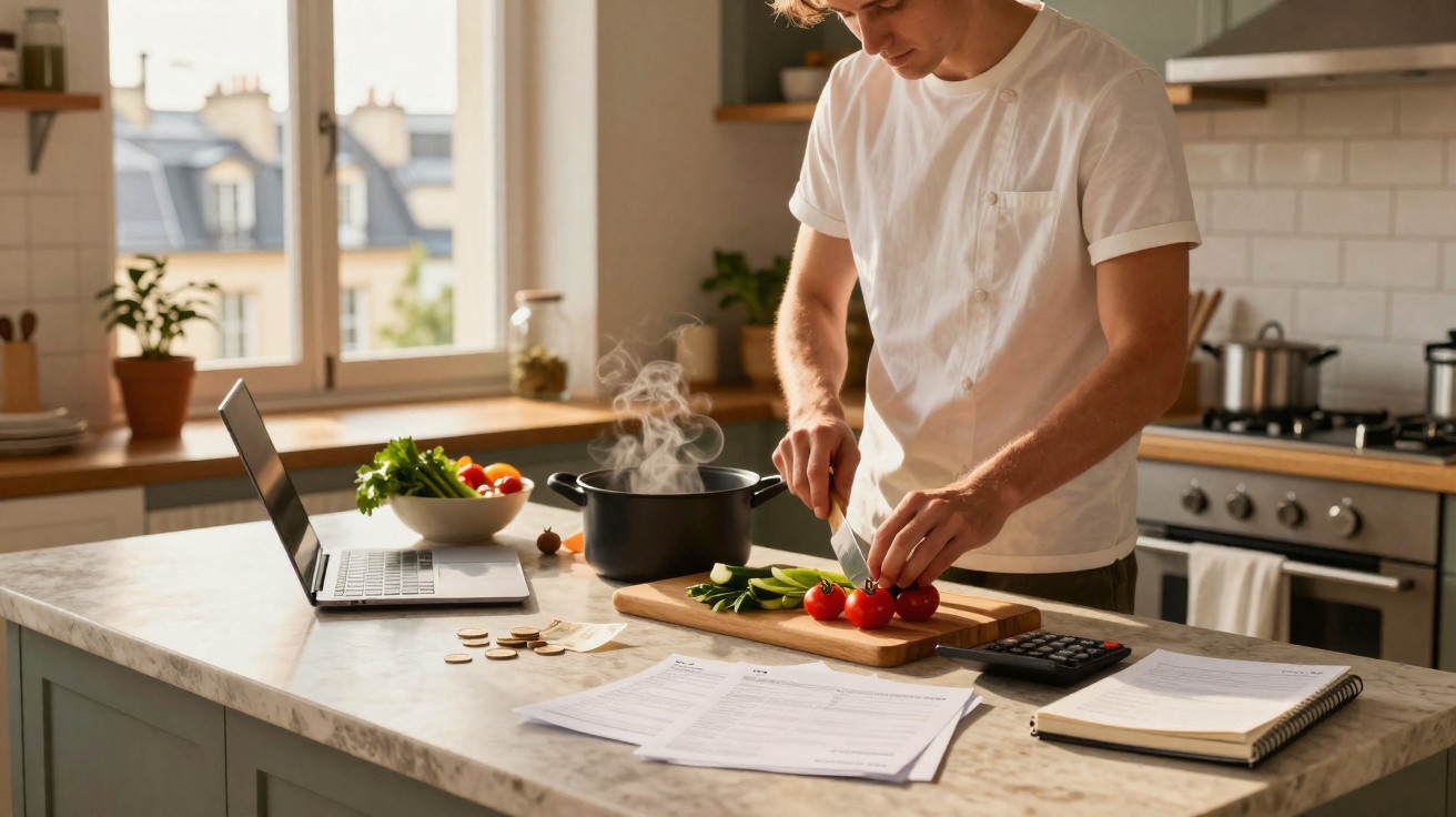 Chef a cortar legumes numa cozinha moderna com computador portátil e documentos na bancada.