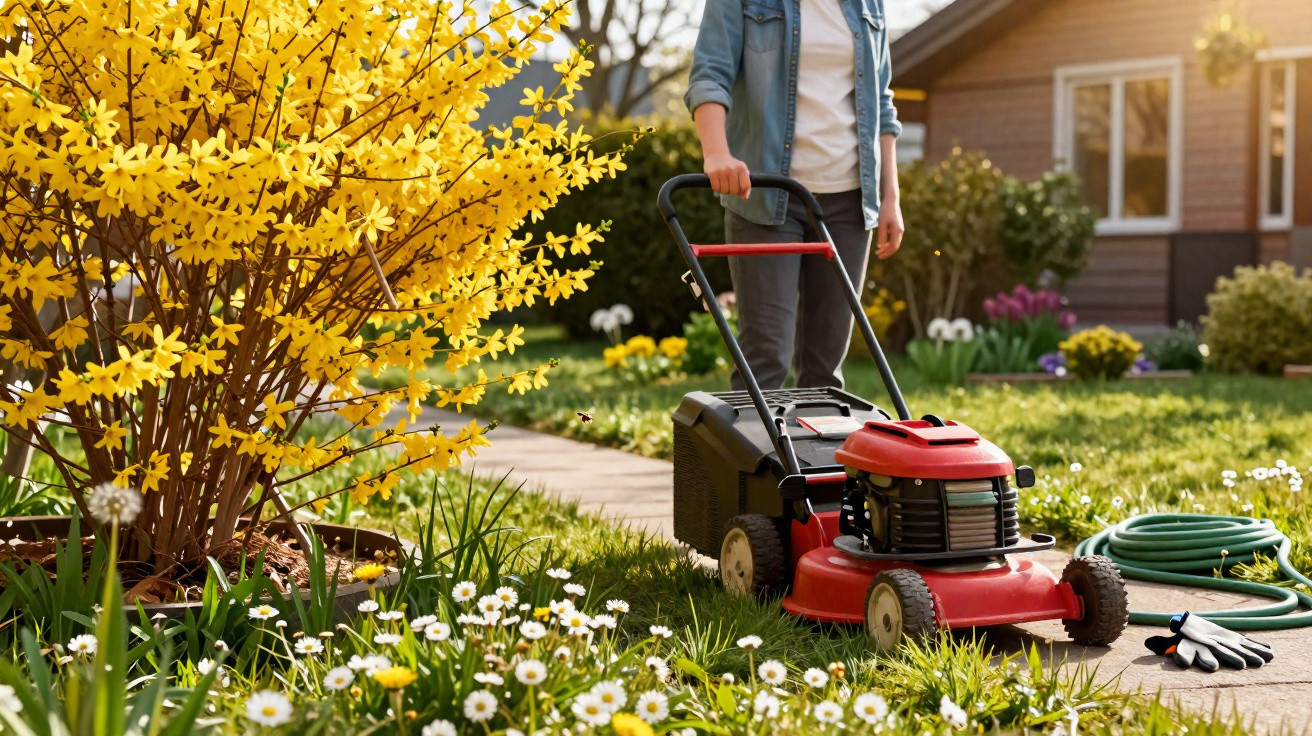 Pessoa a cortar relva com corta-relvas vermelho num jardim com flores amarelas e margaridas brancas.