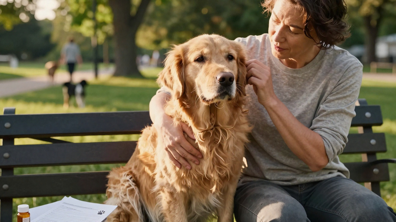 Mulher sentada num banco de parque a tratar de um cão golden retriever com medicamentos e ficha clínica.
