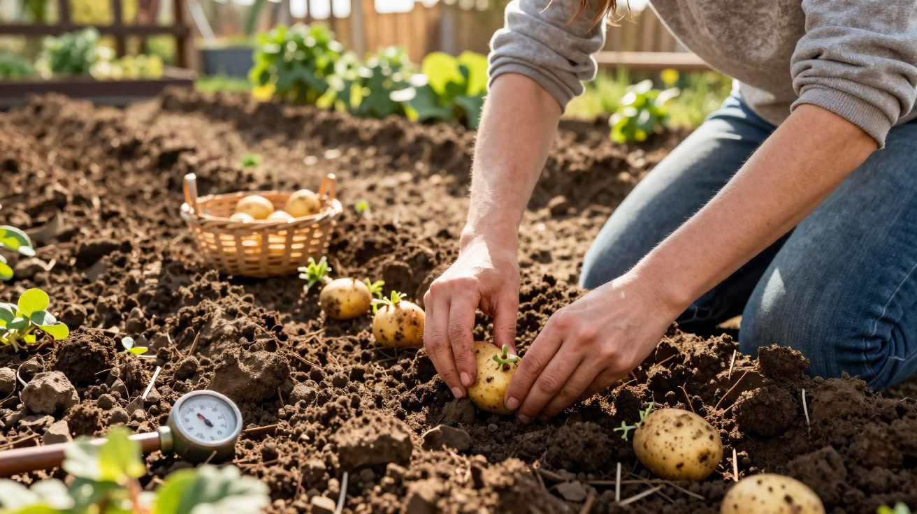 Pessoa a plantar batatas na terra de um jardim com cesta ao lado e plantas ao fundo.