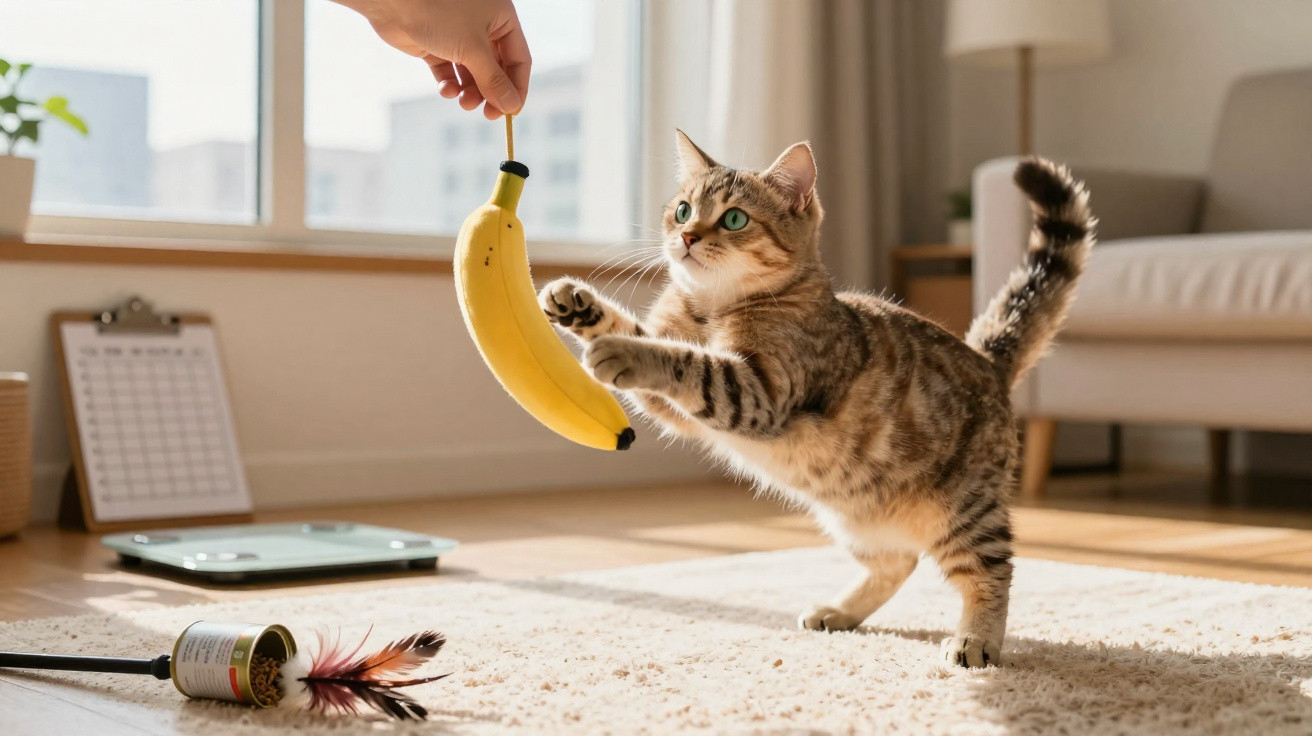 Gato castanho brinca com brinquedo em forma de banana numa sala iluminada por luz natural.