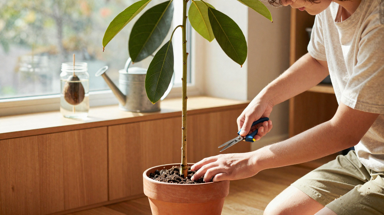 Pessoa a cuidar de uma planta de abacateiro numa divisão iluminada por luz natural, junto à janela.