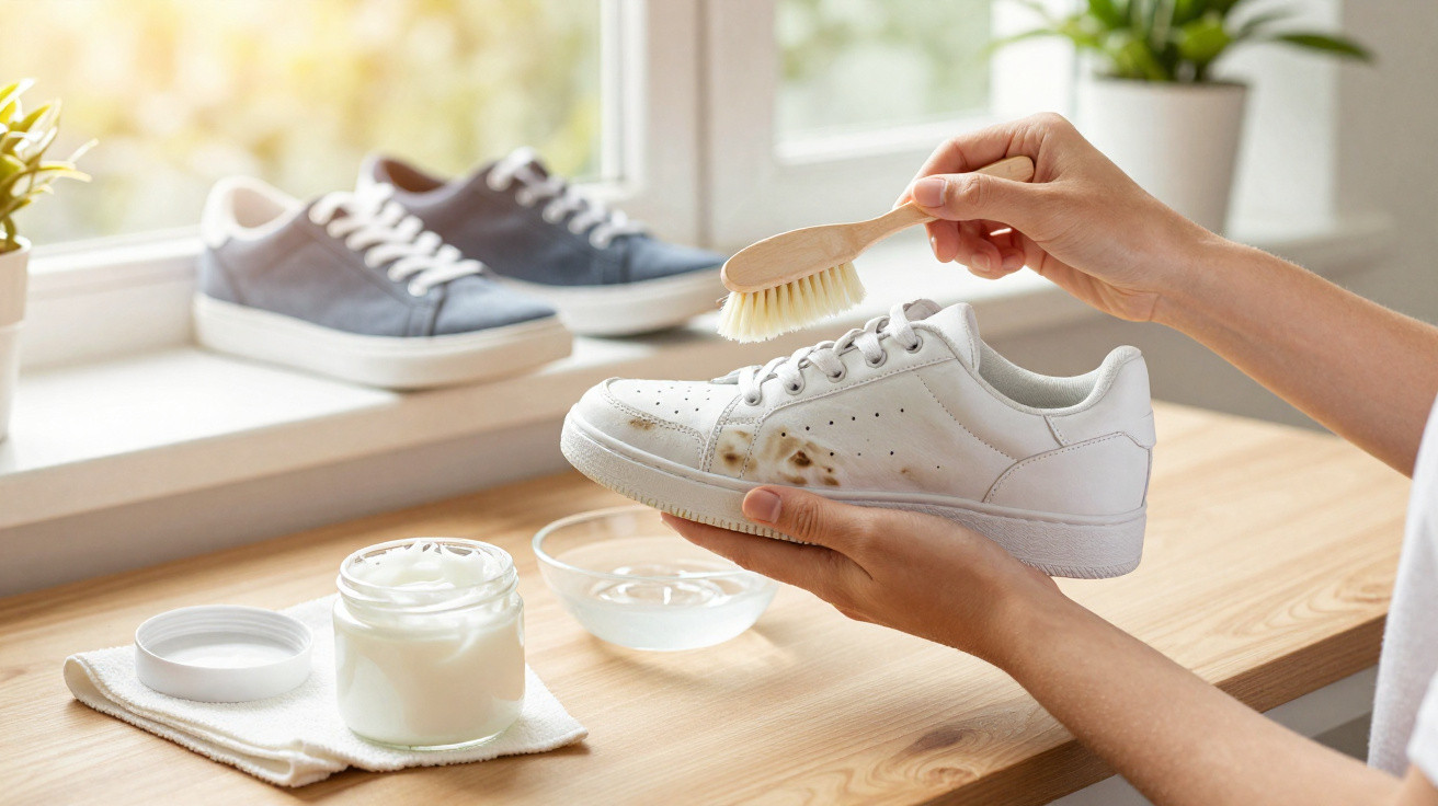 Pessoa a limpar ténis branco com escova e creme num ambiente luminoso e decorado com plantas.