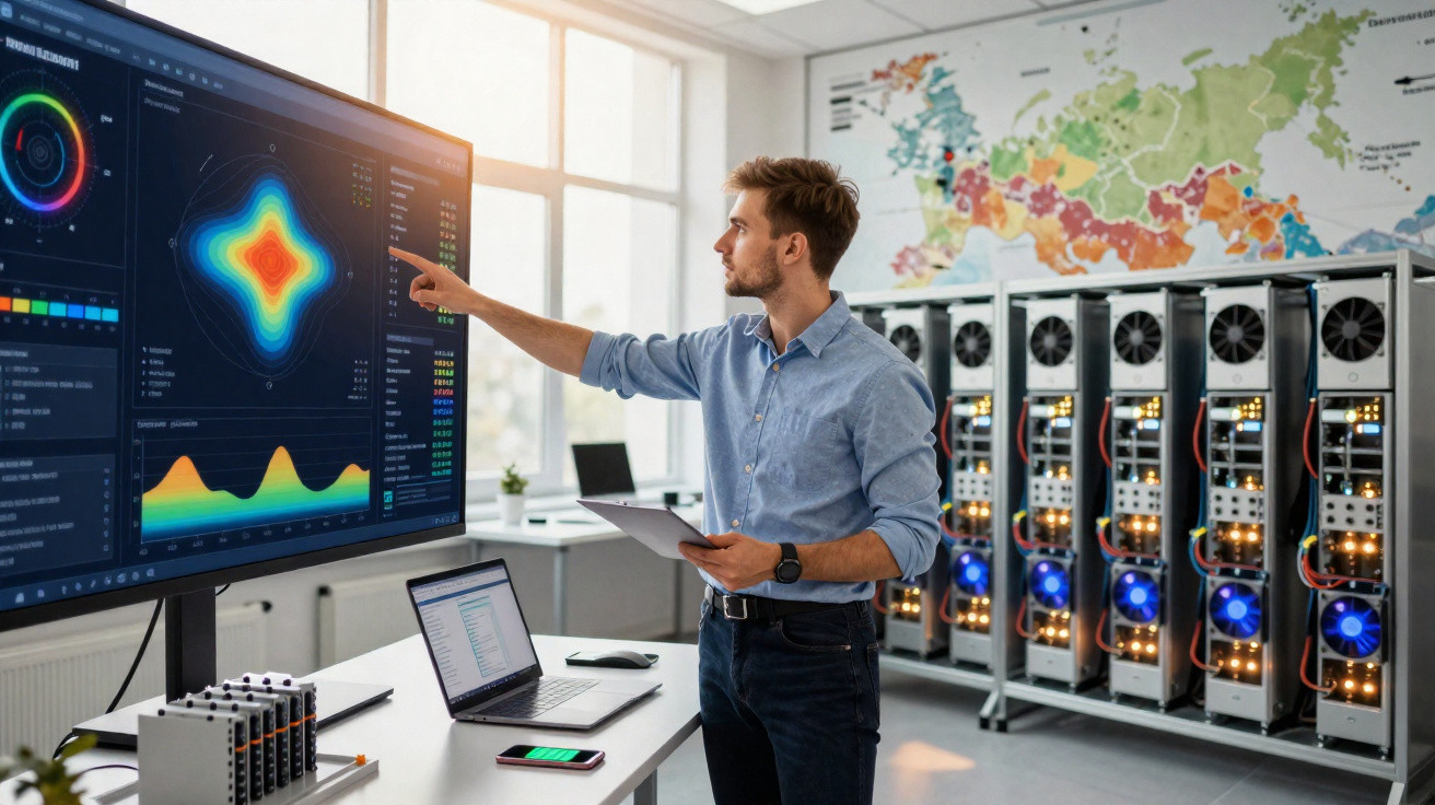 Homem a analisar gráficos de dados num monitor grande em sala tecnológica com servidores e computador portátil.