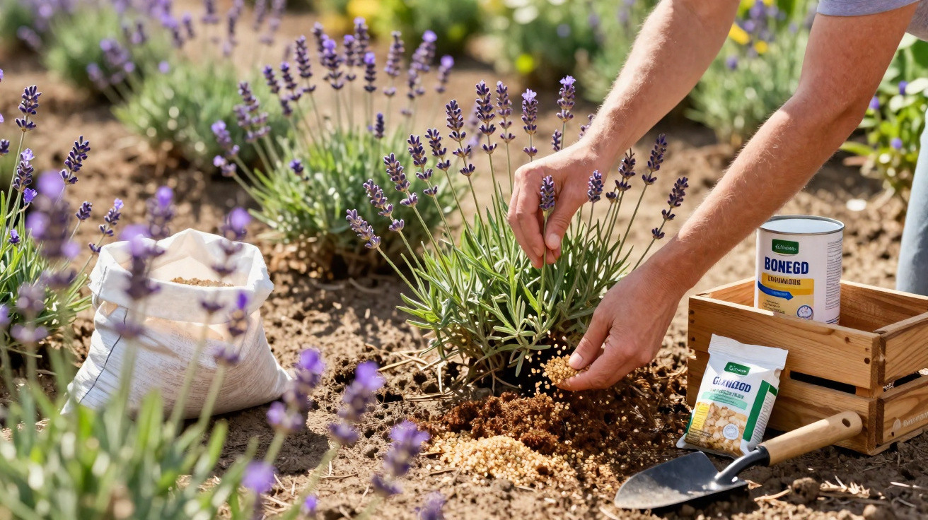 Pessoa a plantar lavanda num jardim com terra fértil e ferramentas de jardinagem.