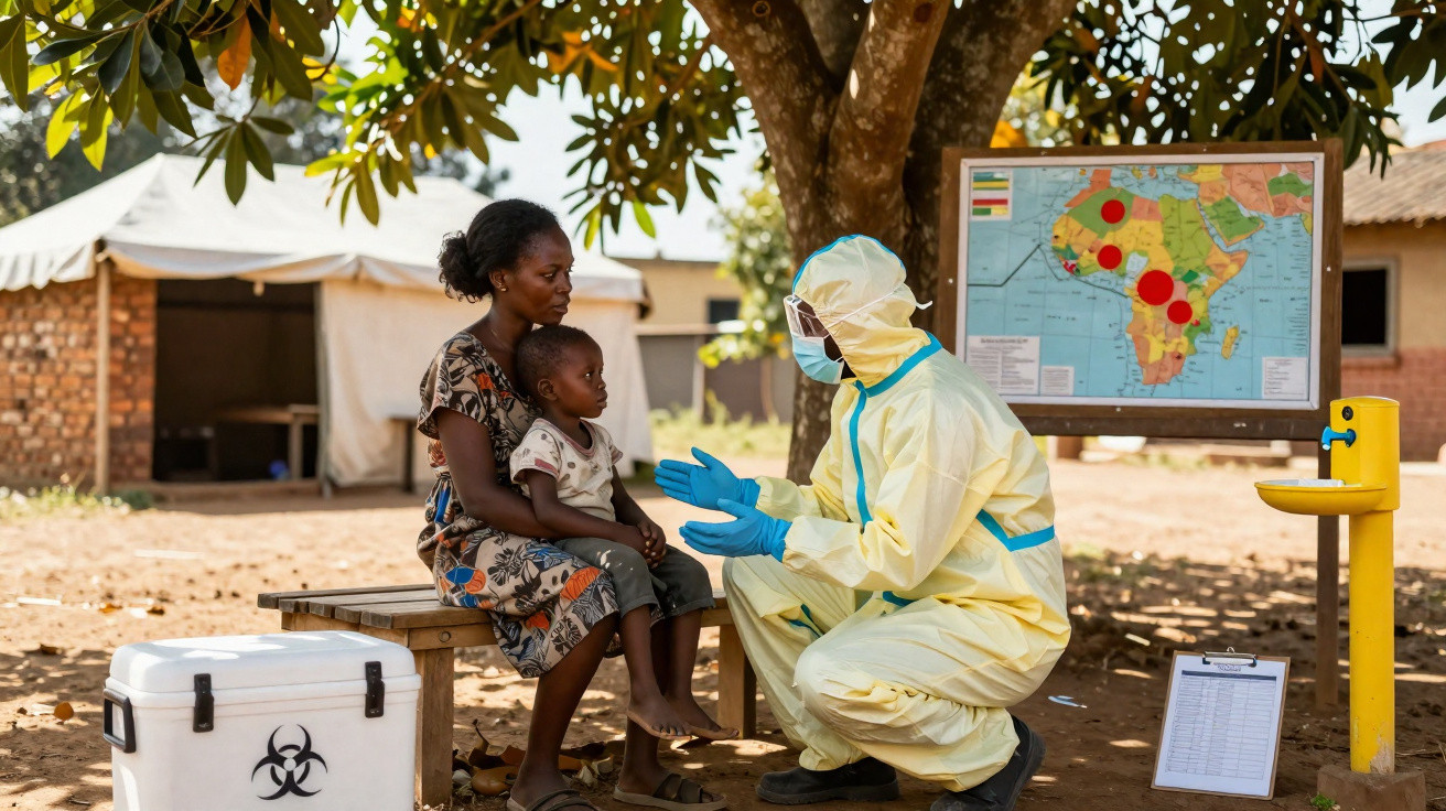 Profissional de saúde em traje PPE consulta mãe e filha sentadas ao ar livre, com mapa e dispensador de álcool ao fundo.