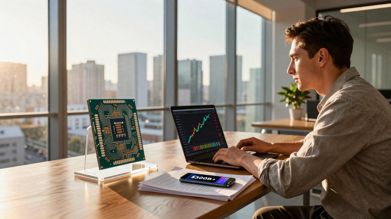 Homem sentado numa mesa a analisar gráficos financeiros em portátil com placa eletrónica e telemóvel à sua frente.