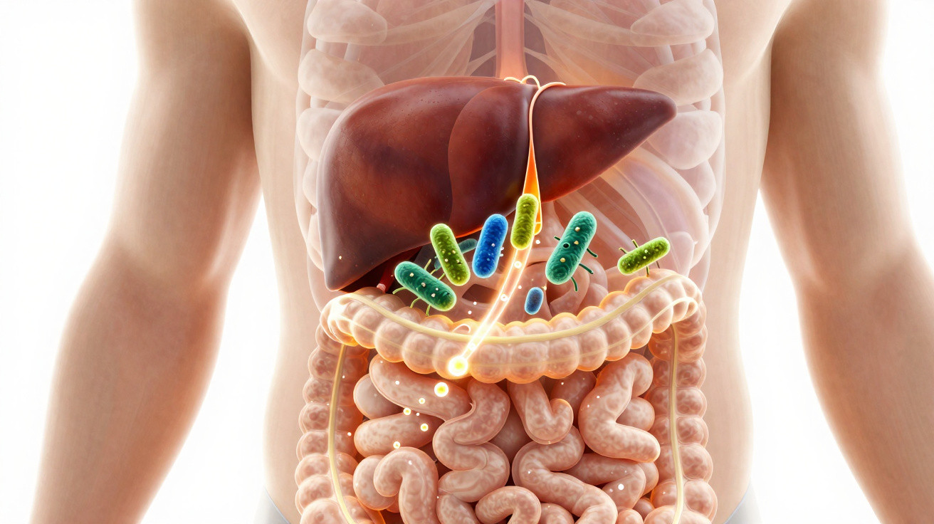 Ilustração do sistema digestivo humano com foco no fígado, intestinos e bactérias intestinais coloridas.