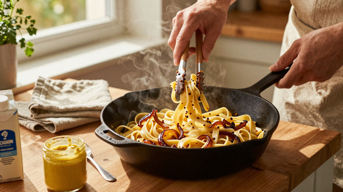 Mãos a cozinhar massa fresca numa frigideira preta numa cozinha luminosa com condimentos na mesa de madeira.