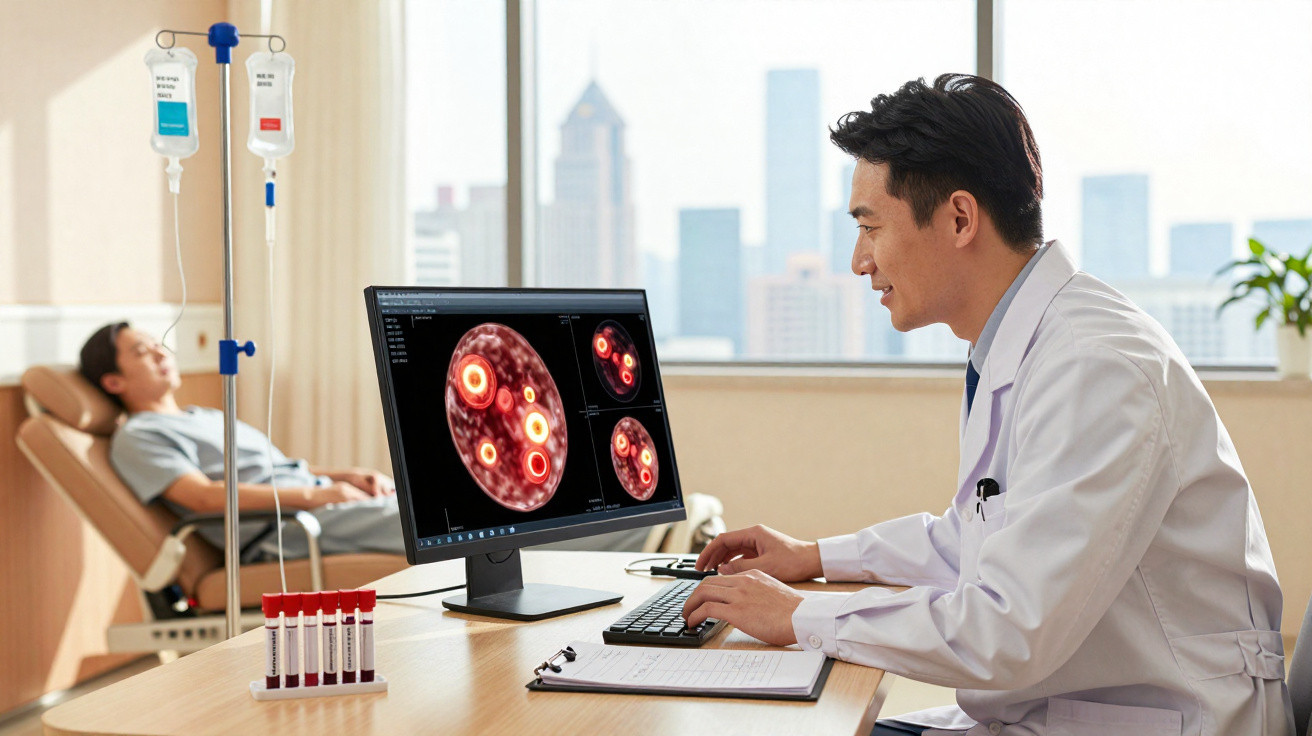 Médico a analisar imagens médicas no computador enquanto paciente está deitada numa cama hospitalar.