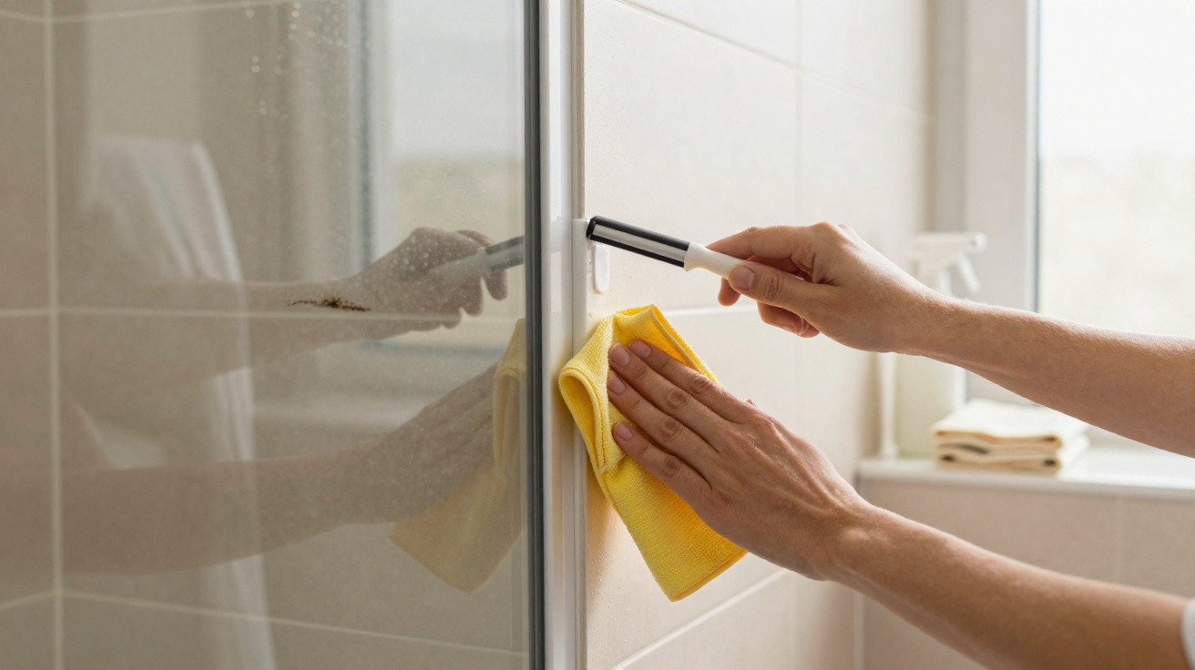 Mãos a limpar o vidro de uma porta de duche com um pano amarelo e um limpa-vidros branco.