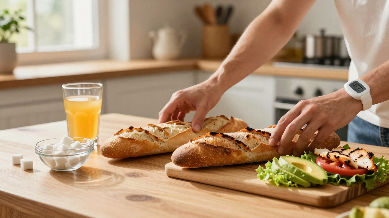 Pessoa a pegar baguetes numa mesa com sumo de laranja, açúcar e um prato de salada fresca.