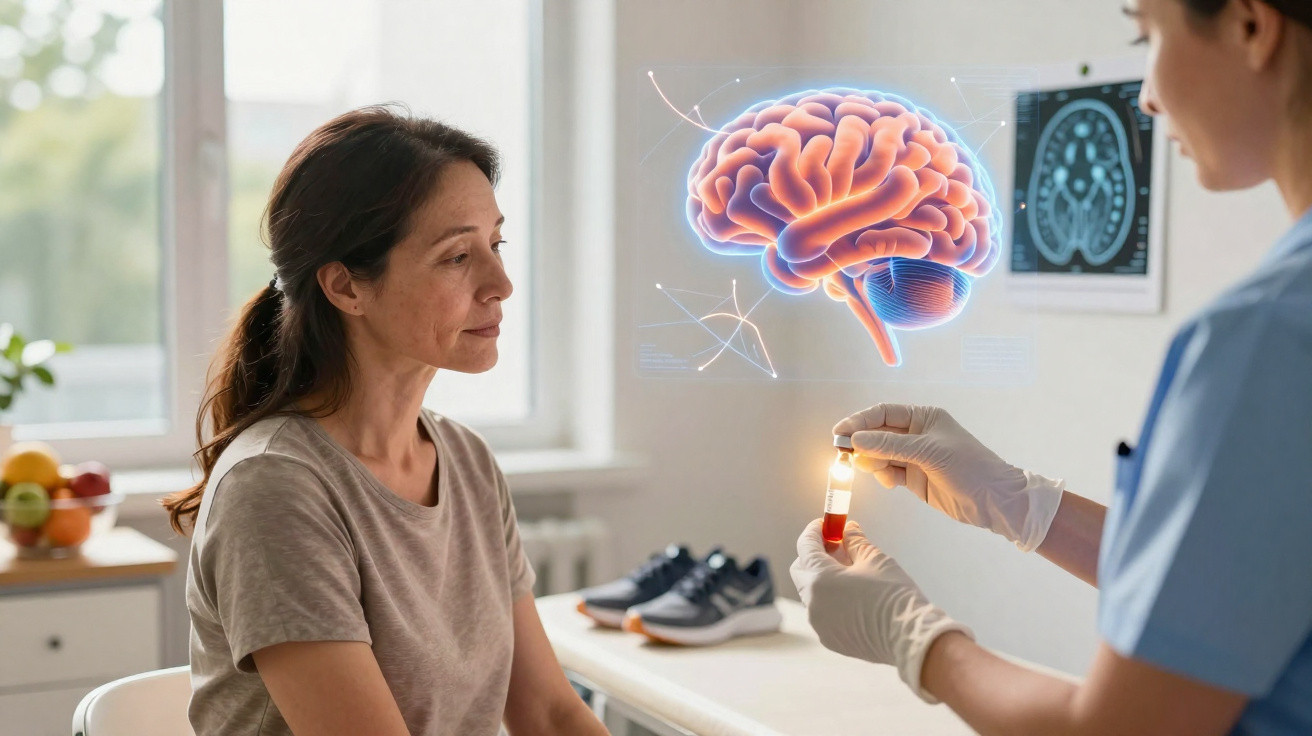 Mulher a receber amostra de sangue de profissional de saúde com imagem digital cerebral holográfica.