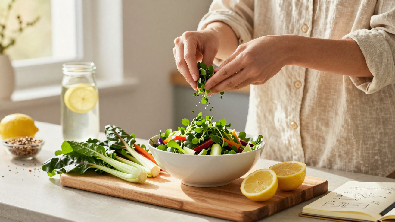 Pessoa a preparar salada com folhas verdes e limão numa cozinha iluminada pela luz natural.