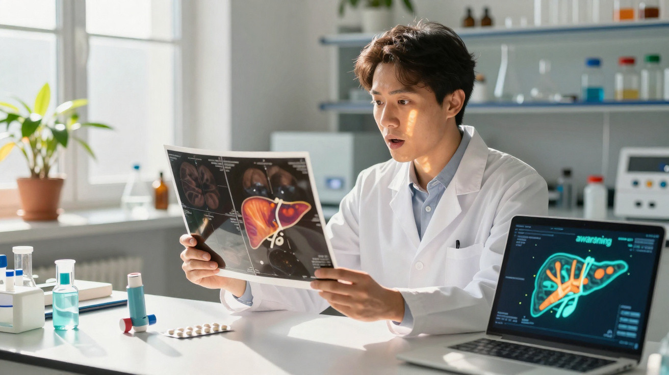 Cientista em bata branca analisa imagens médicas de fígado num laboratório com equipamento científico.