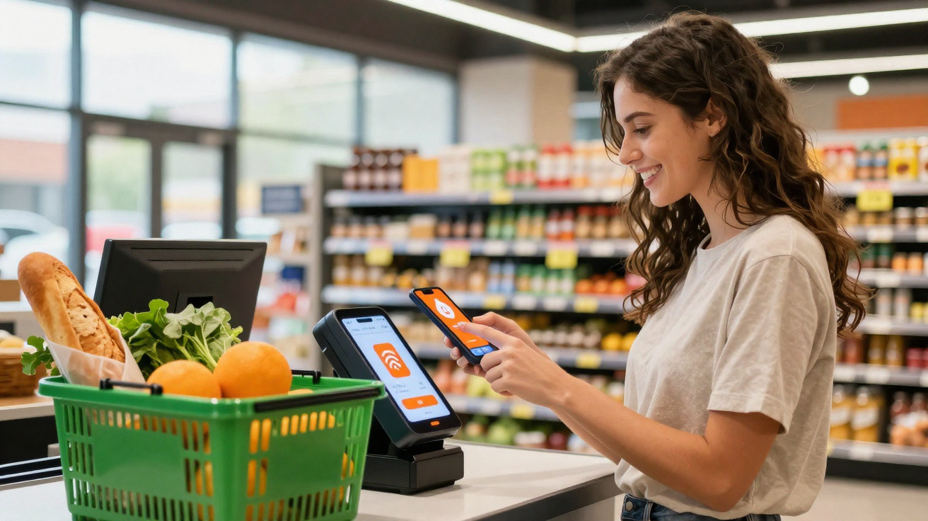 Mulher a pagar com smartphone numa loja, com cesta de frutas e legumes no balcão.