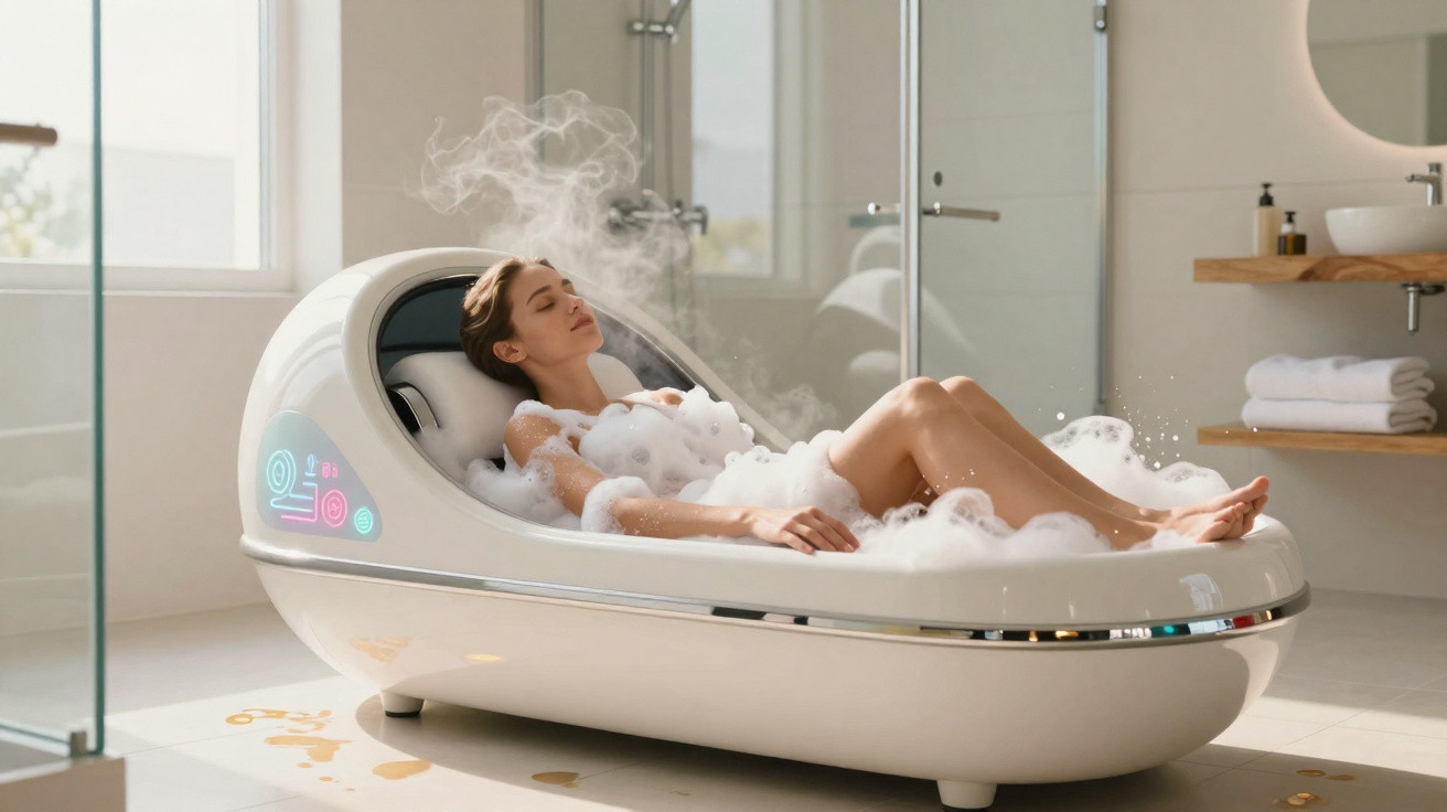 Mulher relaxa numa banheira futurista com espuma e vapor numa casa de banho moderna e luminosa.