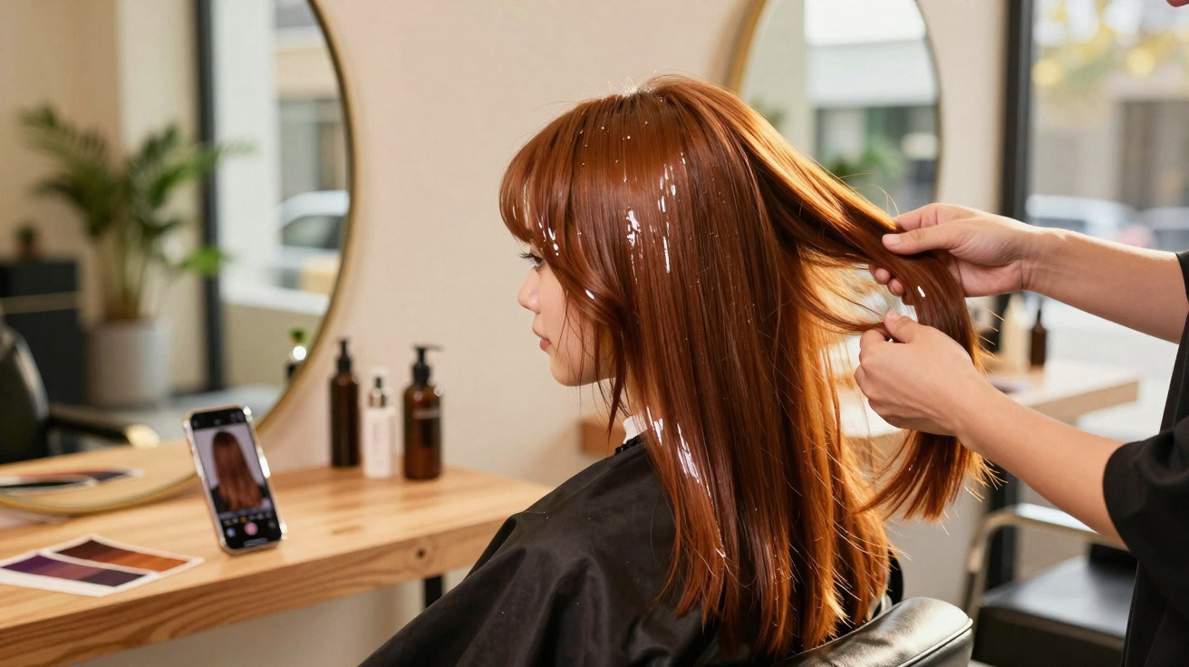 Mulher sentada num cabeleireiro enquanto profissional separa o cabelo liso e ruivo para tratamento.