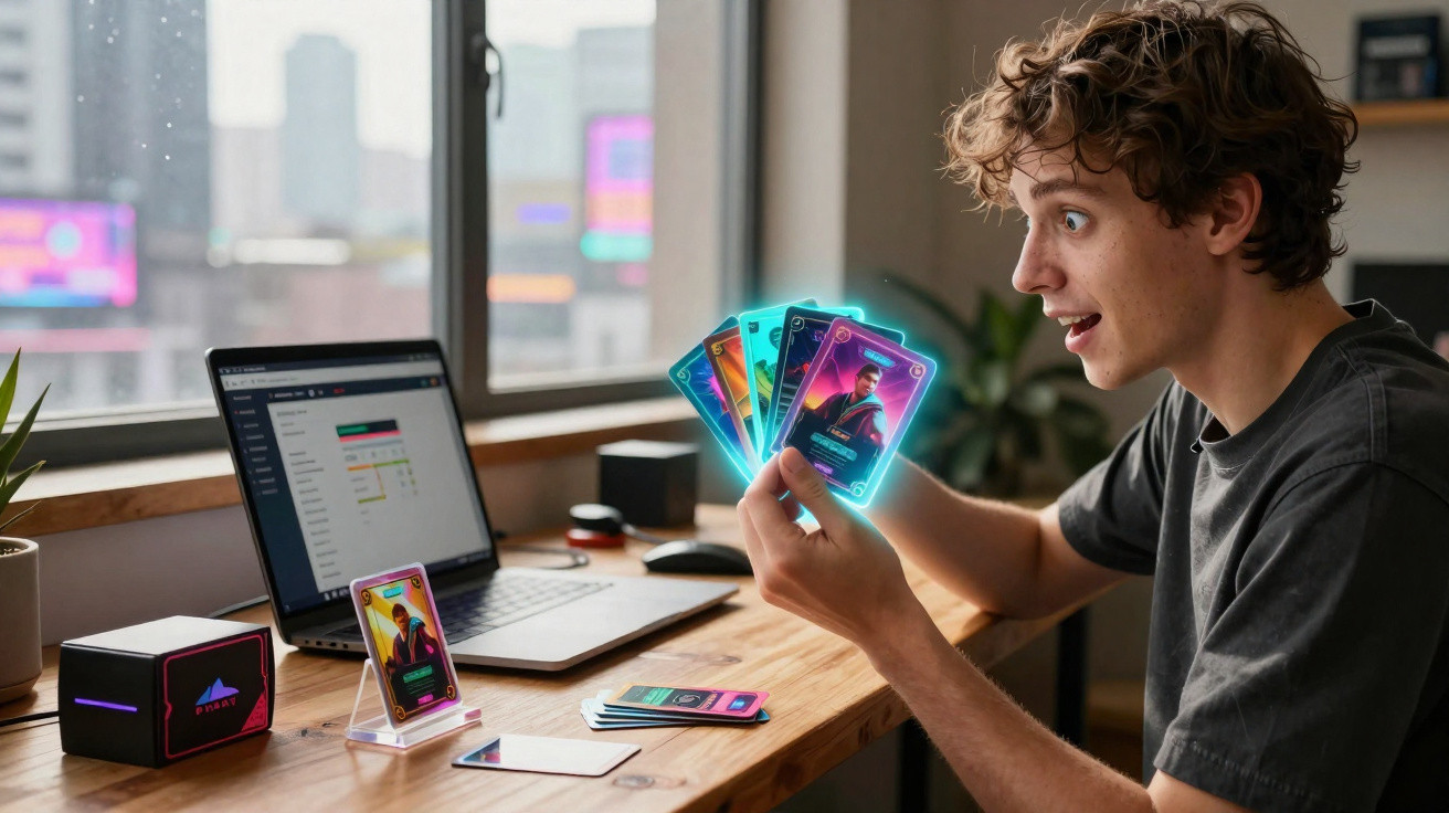 Jovem surpreendido a jogar cartas digitais num escritório moderno com computador portátil à frente.