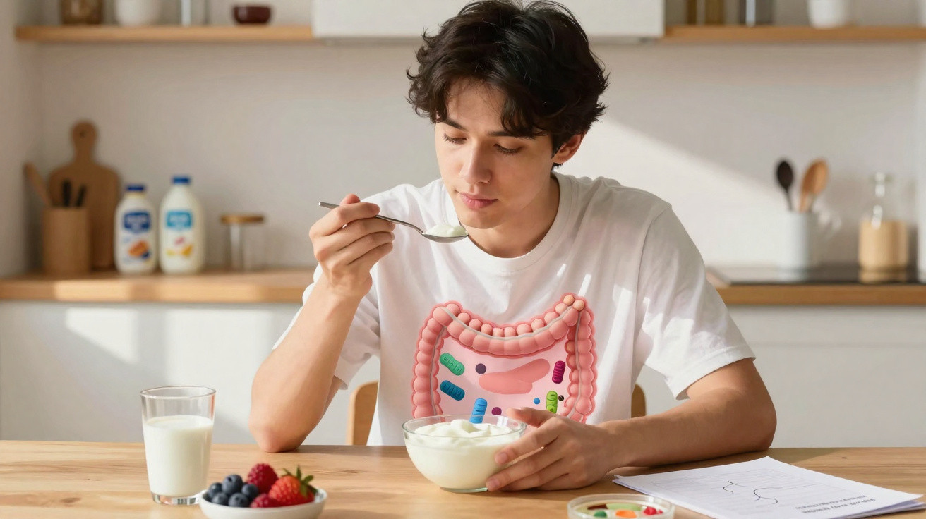 Jovem a comer iogurte com frutas sentado numa cozinha, com ilustração do sistema digestivo sobreposta.