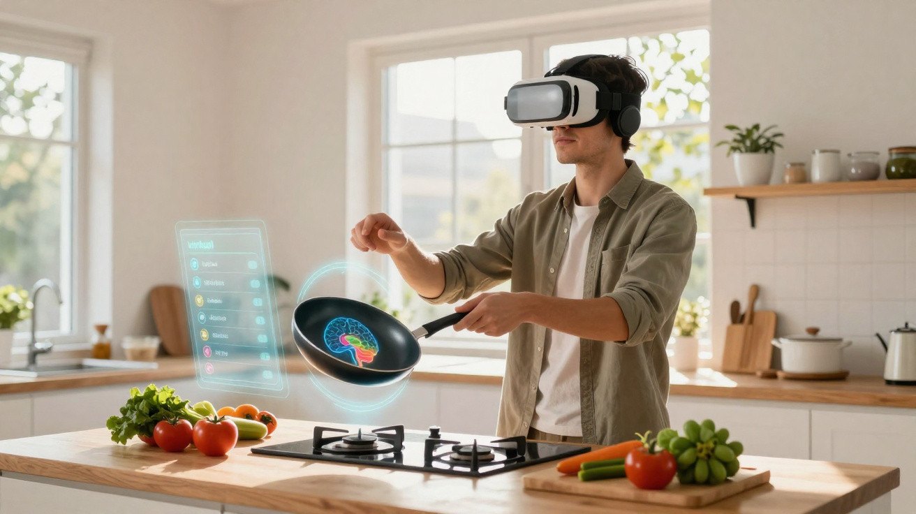Jovem com óculos de realidade virtual a cozinhar com holograma numa cozinha moderna luminosa.