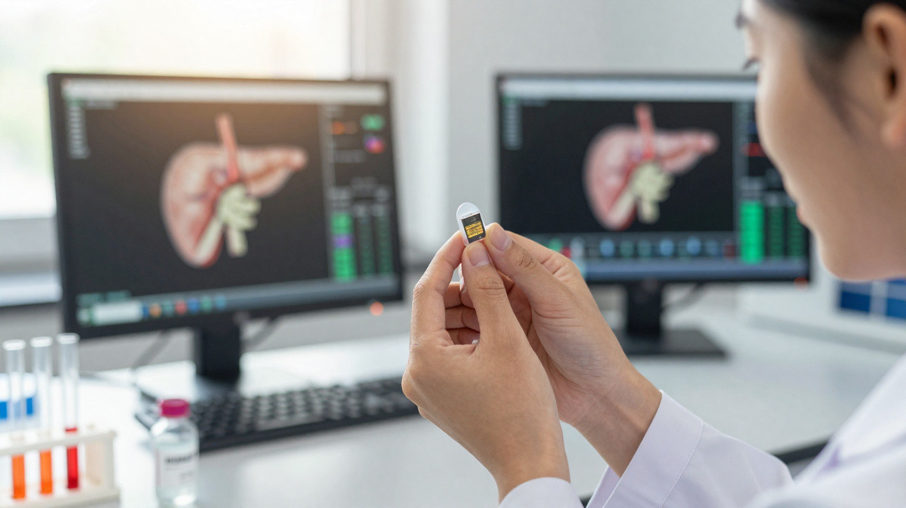 Cientista a analisar amostras em laboratório com imagens de órgãos no ecrã de computador ao fundo.
