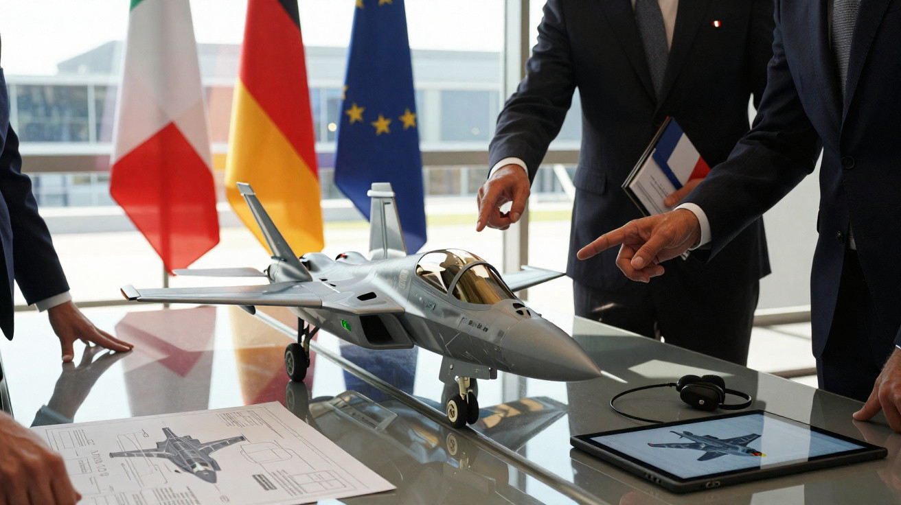 Três homens de fato discutem modelo de avião militar numa sala de reuniões com bandeiras da Itália, Alemanha e França.